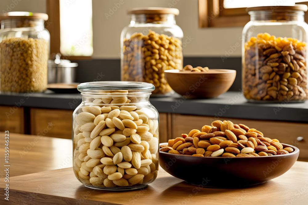 Jar of mixed dry food & mixed Nuts on Wooden table Jar of mixed dry food & mixed Nuts on Wooden table