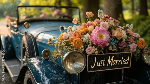 Vintage car decorated with flowers celebrates newlyweds on a scenic road