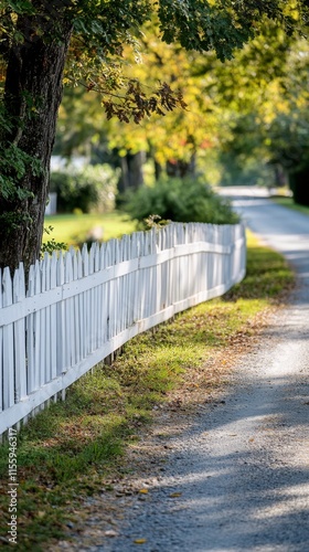 White picket fence lining a peaceful gravel pathway in a green neighborhood