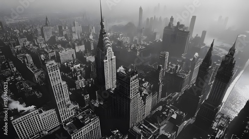 Aerial view of Midtown Manhattan skyscrapers in fog, 1940s.