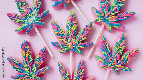 Lollipops in the shape of vibrant cannabis leaves with vibrant sprinkles on a pastel pink backdrop. Sweet treat advertising, entertaining design, and edible concept.