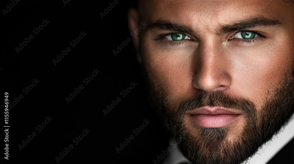 A close up of a man with green eyes and a beard A close up of a man with green eyes and a beard