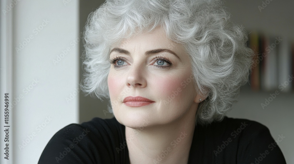 A woman with striking silver curls and soft makeup gazes thoughtfully away from the camera. She sits indoors, illuminated by natural light, showcasing a serene expression A woman with striking silver curls and soft makeup gazes thoughtfully away from the camera. She sits indoors, illuminated by natural light, showcasing a serene expression