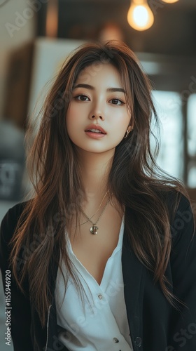 Professional woman in modern office wearing business attire and confident exp...