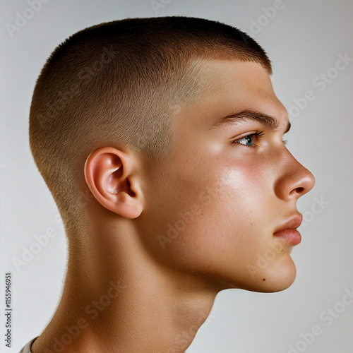 A young man with a short, buzzcut hairstyle, looking to the side against a white background. photo