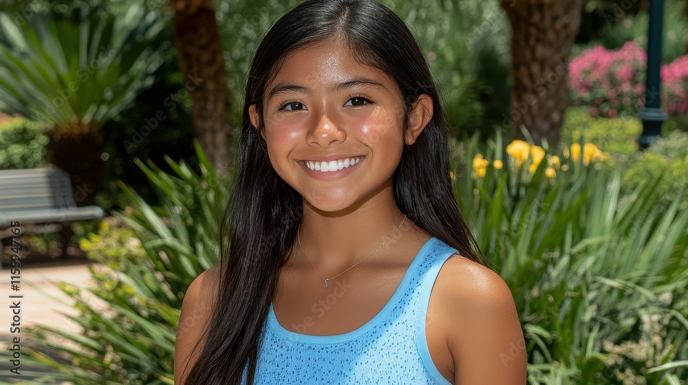 A young girl stands smiling in a lush garden filled with colorful flowers and greenery. Bright sunlight highlights her cheerful expression as she enjoys the outdoors A young girl stands smiling in a lush garden filled with colorful flowers and greenery. Bright sunlight highlights her cheerful expression as she enjoys the outdoors