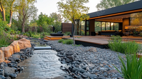 Modern outdoor space featuring a serene stream and lush landscaping near a co...