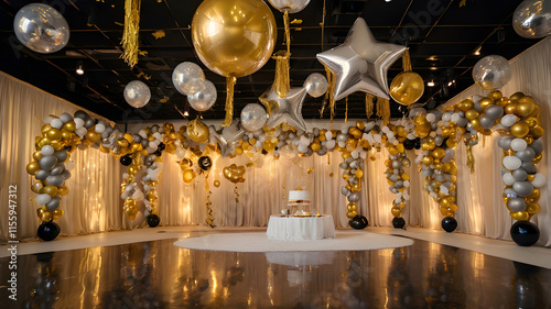 a New Year’s Eve 2025 party room with hanging ceiling decor.
