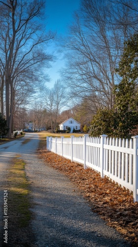 White picket fence lining a peaceful gravel pathway in a green neighborhood