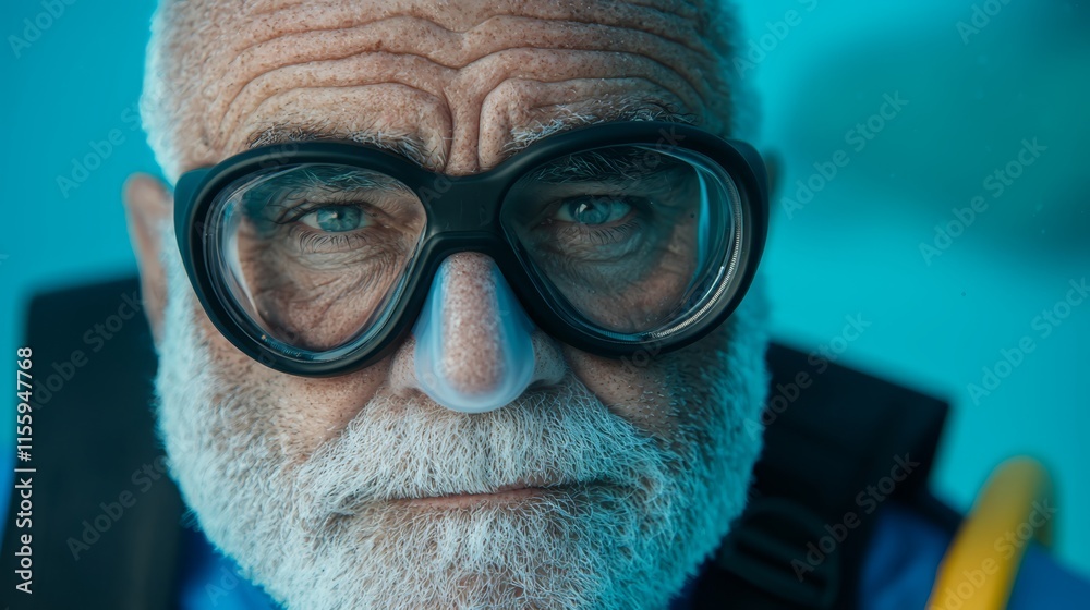 an older man wearing a scuba mask and goggles an older man wearing a scuba mask and goggles