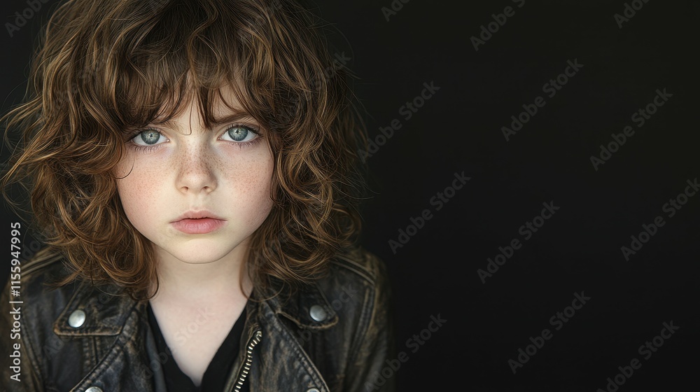 A child with curly hair gazes directly at the viewer, displaying an intense expression. They are dressed in a leather jacket, creating a striking contrast with the dark background A child with curly hair gazes directly at the viewer, displaying an intense expression. They are dressed in a leather jacket, creating a striking contrast with the dark background
