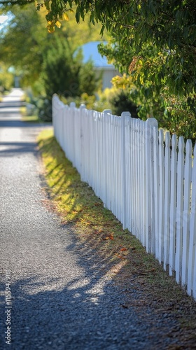White picket fence lining a peaceful gravel pathway in a green neighborhood