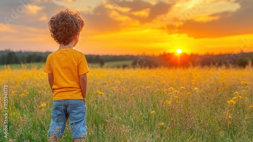 A young boy with curly hair stands in a vibrant yellow flower field, watching the sun set below the horizon. The warm evening light enhances the beauty of the landscape