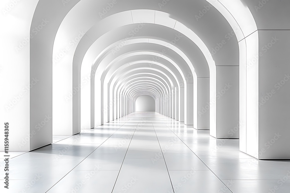 A long white corridor with arches and tiled floor A long white corridor with arches and tiled floor