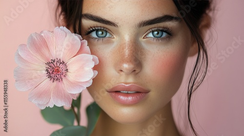 Beautiful young woman with flowers close to her face in a serene environment ...