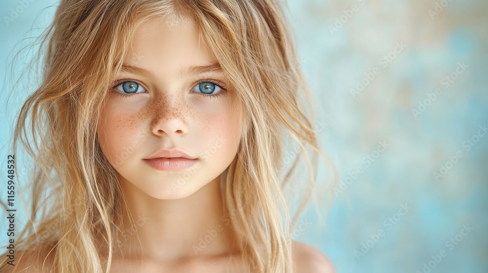 A young girl with wavy blonde hair and striking blue eyes gazes directly at the viewer. Soft pastel colors in the background enhance her innocent expression, illuminated by natural light A young girl with wavy blonde hair and striking blue eyes gazes directly at the viewer. Soft pastel colors in the background enhance her innocent expression, illuminated by natural light