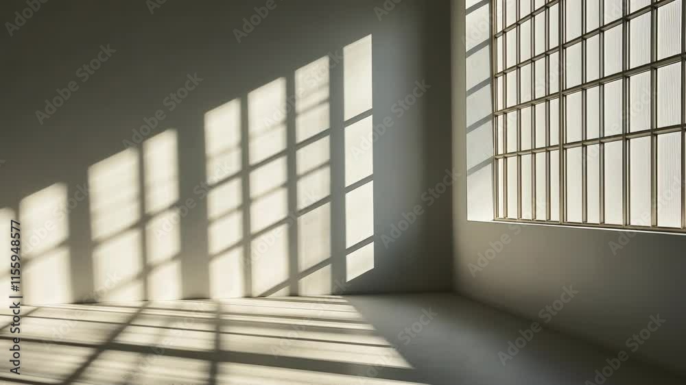 Bright sunlight creating intricate shadows in a minimalist room with large windows during the afternoon