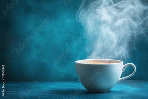 Steaming cup of coffee against a blue background in morning light