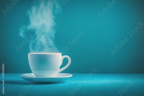 Steaming cup of coffee against a blue background in morning light