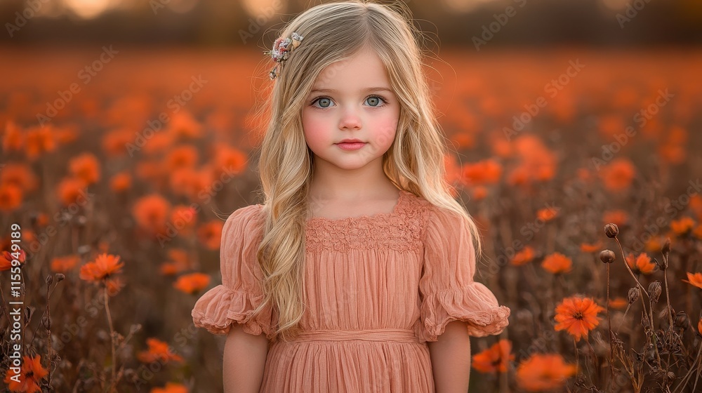 Fototapeta premium A young girl with long blonde hair poses in a vibrant orange flower field, bathed in warm golden light during the late afternoon, radiating innocence and charm