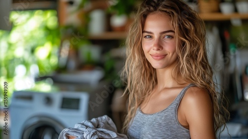 Woman with a warm smile folding clothes indoors during winter sunshine
