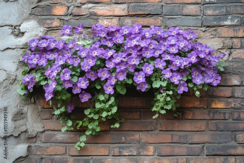 Vibrant purple flowers blooming on a brick wall during daylight