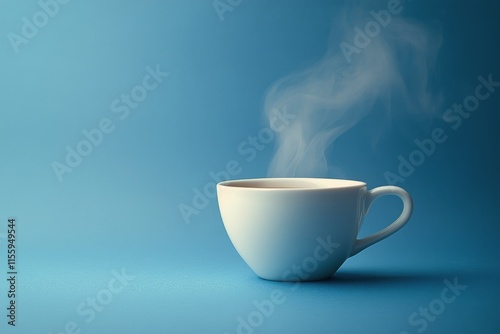 Steaming cup of coffee against a blue background in morning light
