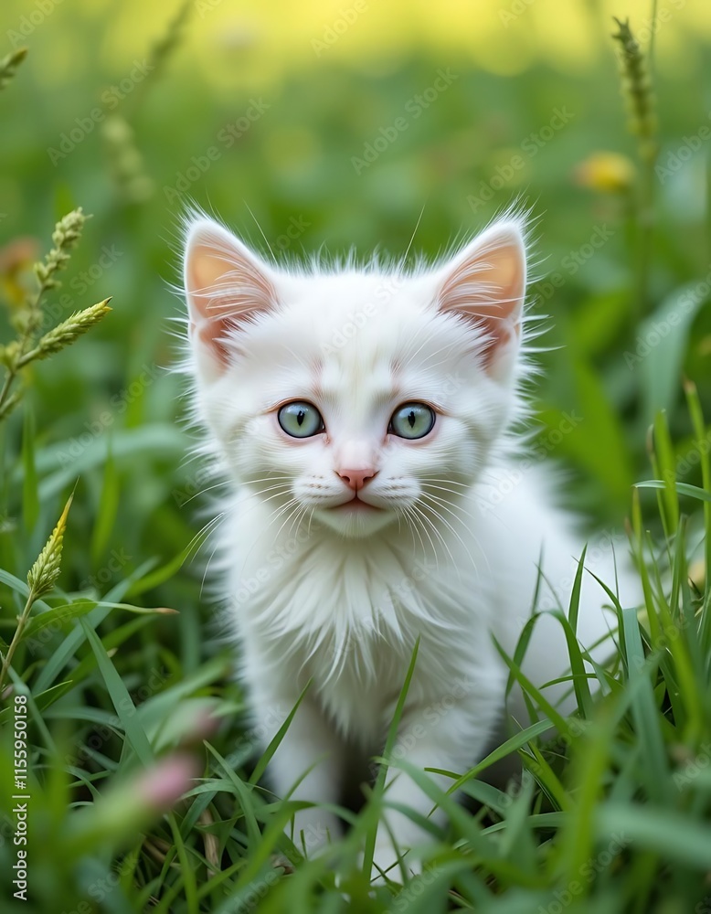 Adorable White Kitten Playing in Green Grass Adorable White Kitten Playing in Green Grass