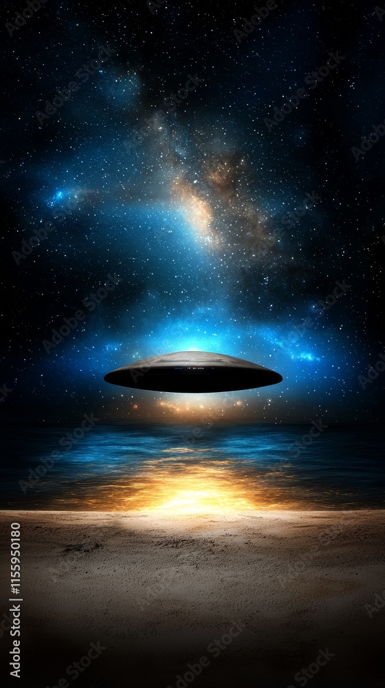 A ufo flying over a beach at night with stars in the sky A ufo flying over a beach at night with stars in the sky