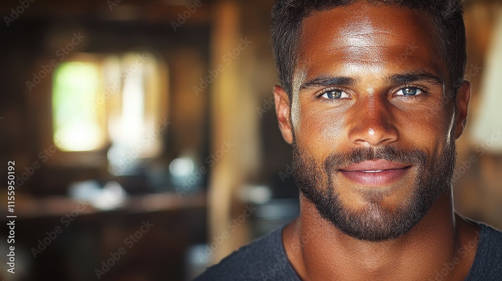 Fototapeta premium A man with a warm smile stands in a rustic environment, showcasing his strong features and beard. The soft lighting highlights his friendly expression and the setting adds depth