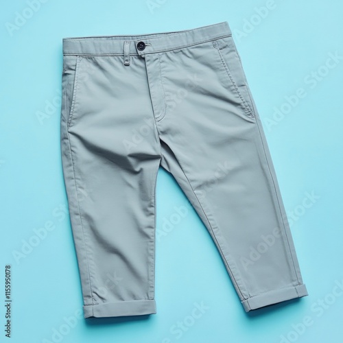 Gray chino pants folded on blue background. photo