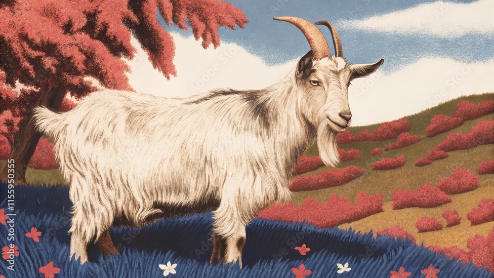 Graceful Goat Illustration in Rustic Pastoral Scene Graceful Goat Illustration in Rustic Pastoral Scene