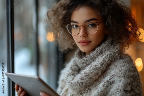 Young woman reading on tablet while sitting by a window in a cozy setting dur...