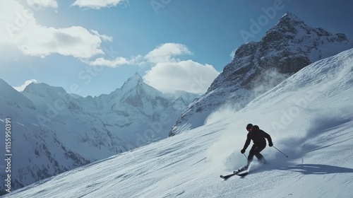 professional skier skiing on slopes in the Swiss alps towards the camera