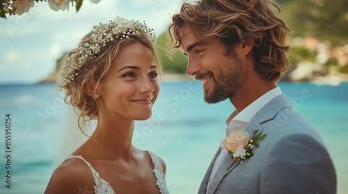 Joyful bride and her father walk through tropical garden before wedding ceremony