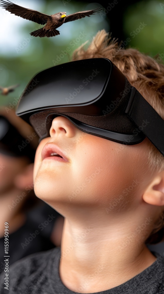 A young boy wearing a pair of virtual reality glasses with a bird flying above his head