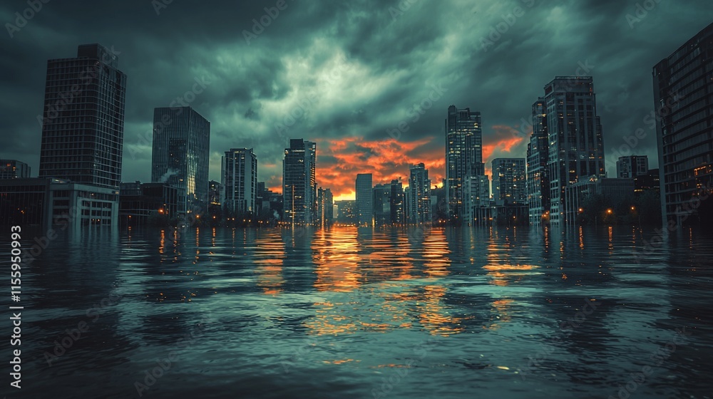 Fototapeta premium Cityscape flooded at sunset, dramatic clouds.