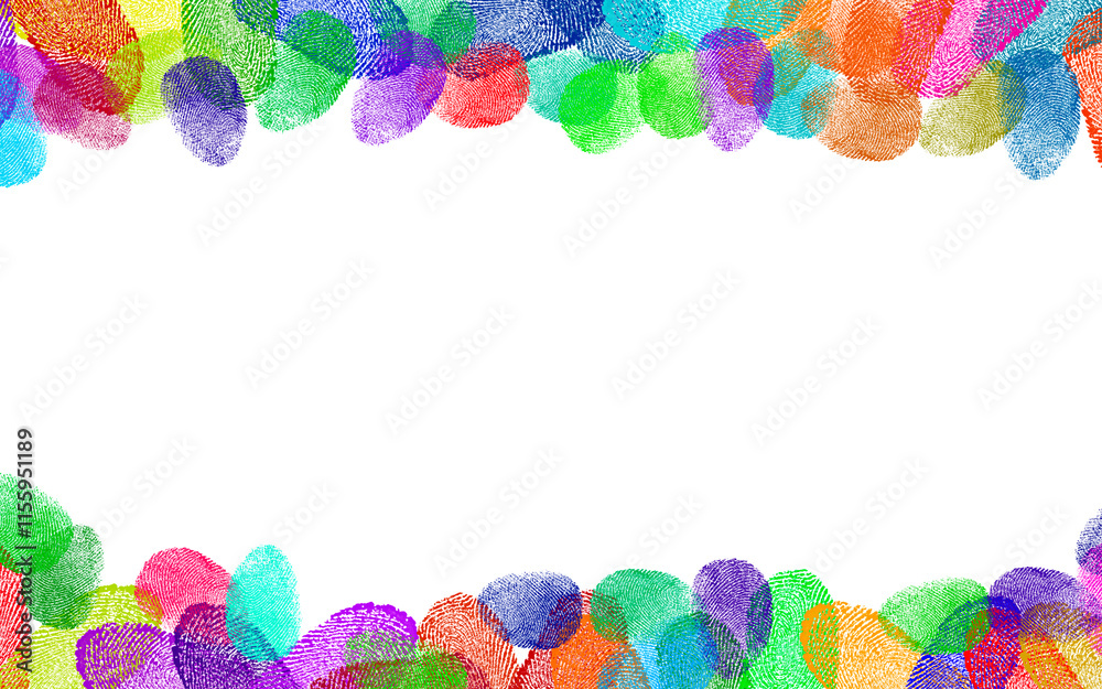 Fingerprints of different colors on white background. Frame with space for text Fingerprints of different colors on white background. Frame with space for text