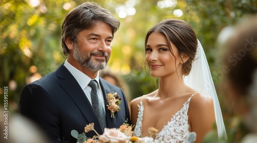 Joyful bride and her father walk through tropical garden before wedding ceremony