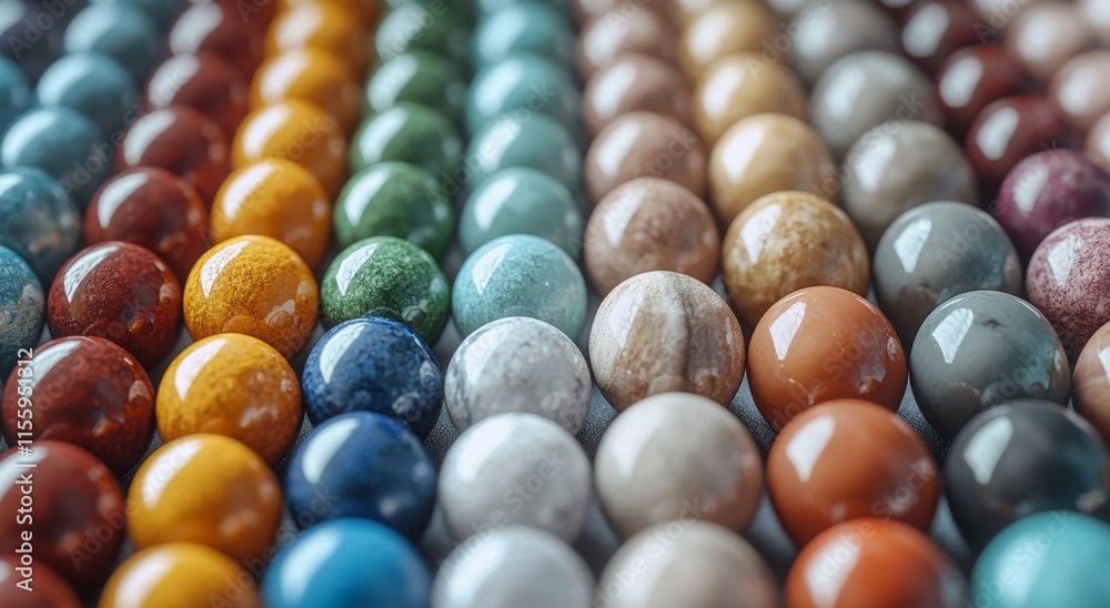 Colorful arrangement of glossy marbles in various hues showcasing vibrant patterns and reflections