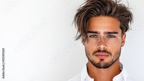 A man with a beard wearing a white shirt and glasses