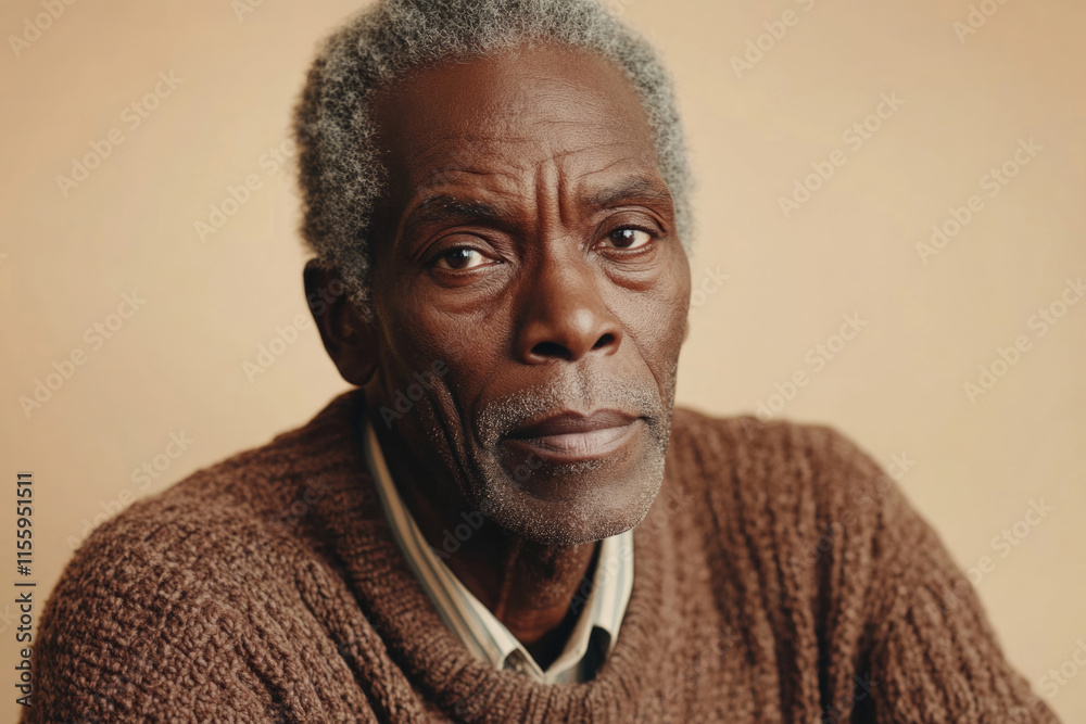 Close up portrait of a thoughtful older Black man with gray hair wearing a brown sweater. Close up portrait of a thoughtful older Black man with gray hair wearing a brown sweater.