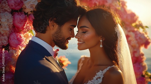 Couple sharing an intimate moment during their wedding ceremony amid floral d...