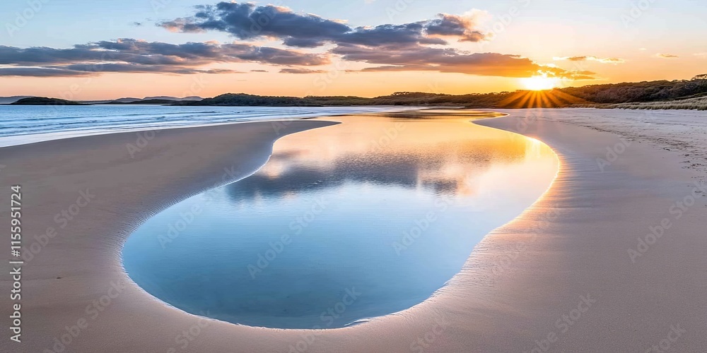 Fototapeta premium A beach with a reflection of the sun in the water