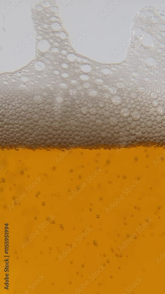 Vertical video. Close-up of freshly poured glass of beer with rich golden color and frothy foam