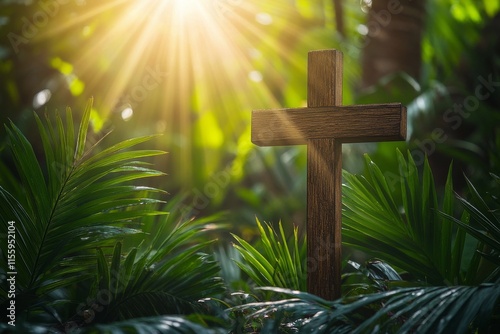 Wooden cross surrounded by lush greenery in a sunlit forest