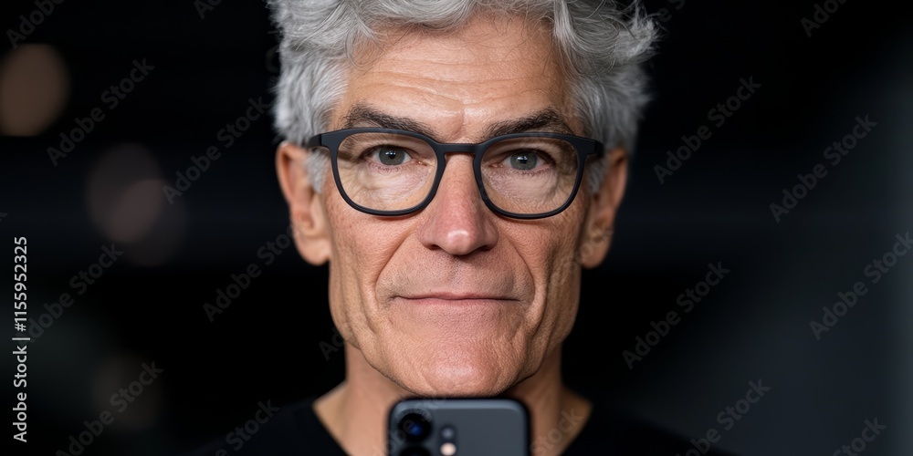 A man wearing glasses taking a selfie with his phone A man wearing glasses taking a selfie with his phone