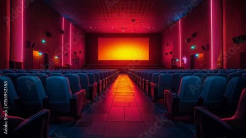 Vibrant cinema interior with colorful lighting and empty seats at night