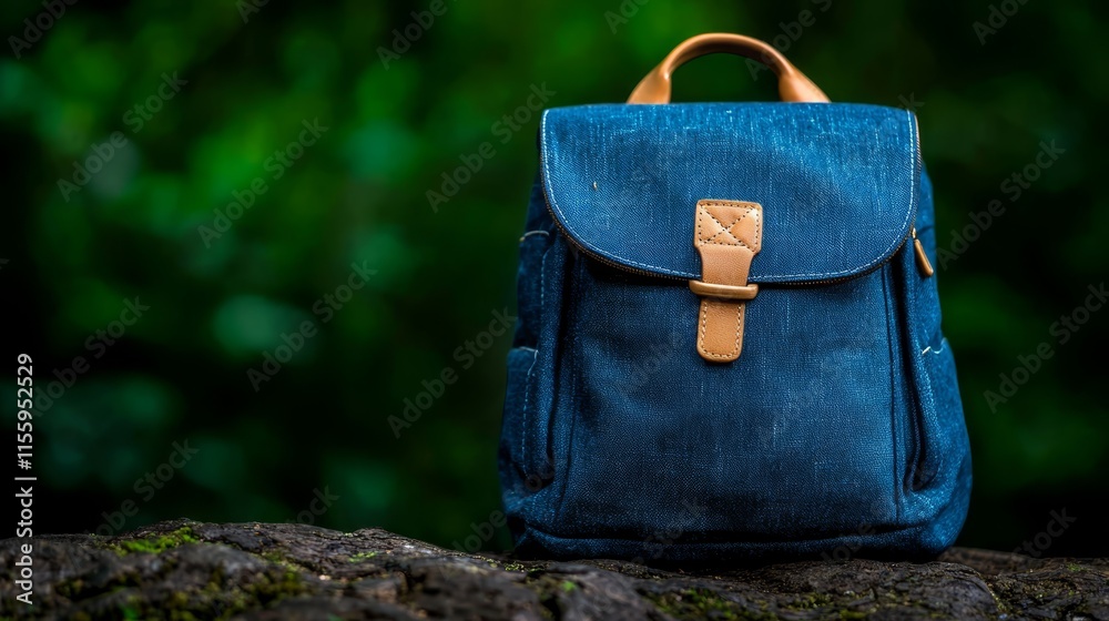 A blue backpack sitting on top of a rock