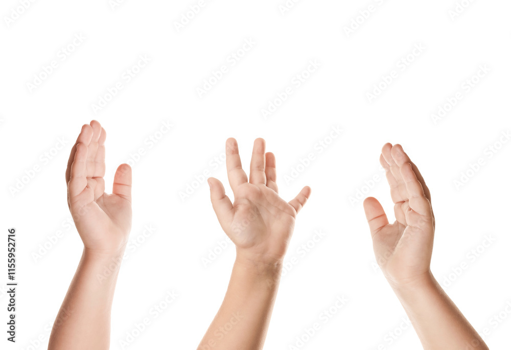 Kids showing hands on white background, closeup Kids showing hands on white background, closeup